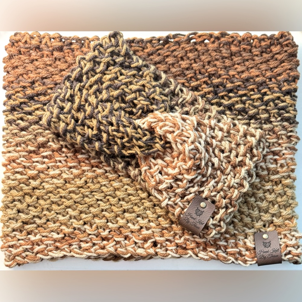Handmade Hand Crafted Fall Knit Seed Stitch Twist Headband cowl set Adult/Teen